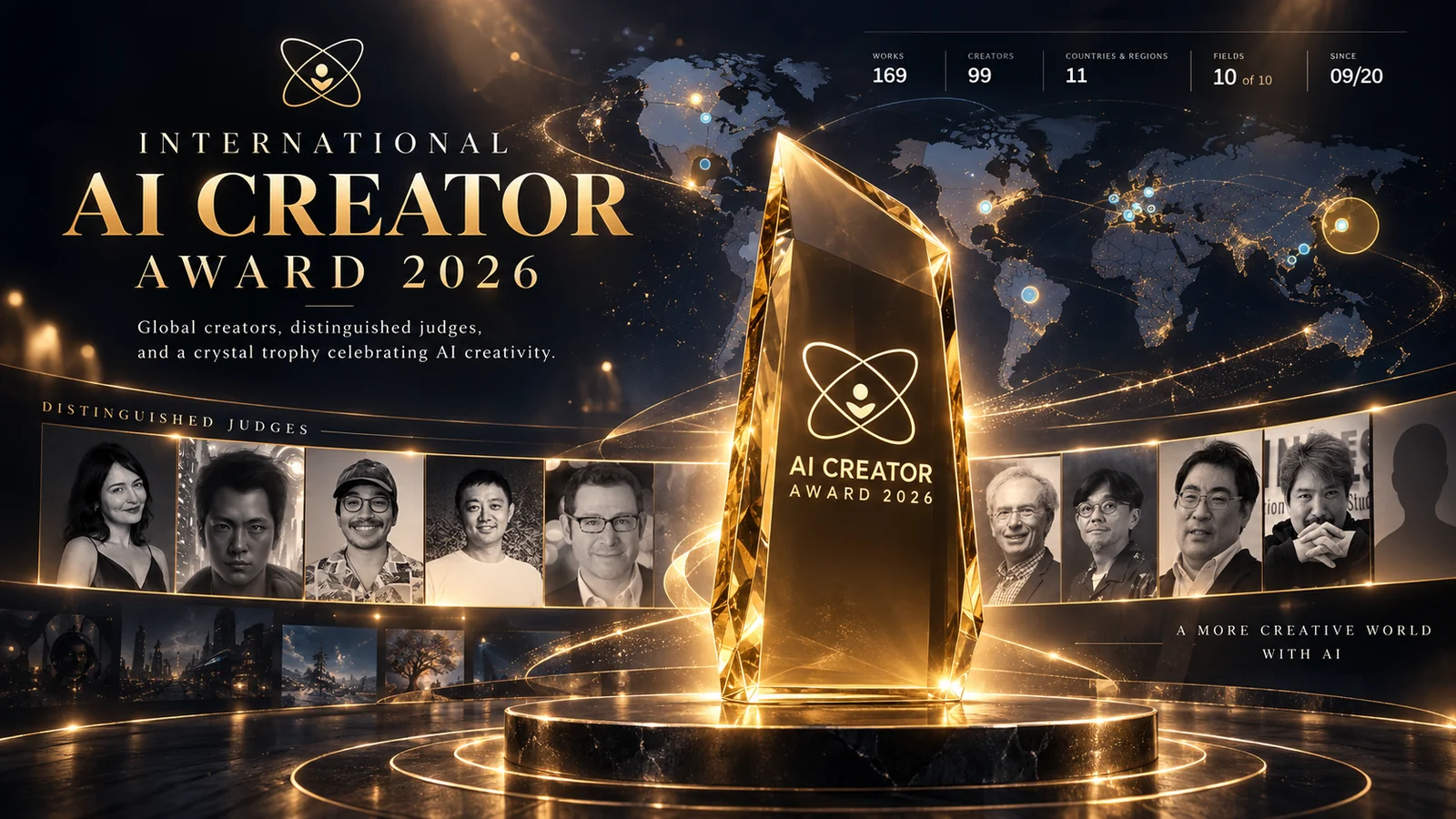 AI CREATOR AWARD 2026 のクリスタルトロフィーと、最終審査員の肖像、応募作品、世界地図のキービジュアル