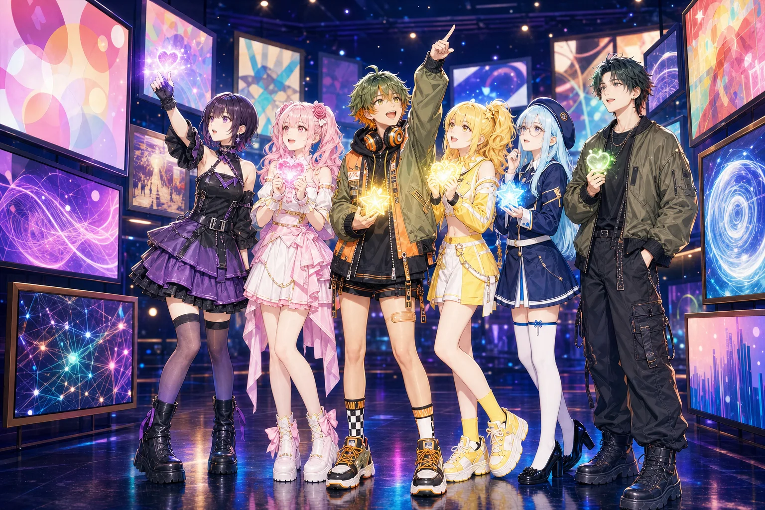 ハートと星の光を手に作品を選ぶ AiCuty の6人（アニメ）
