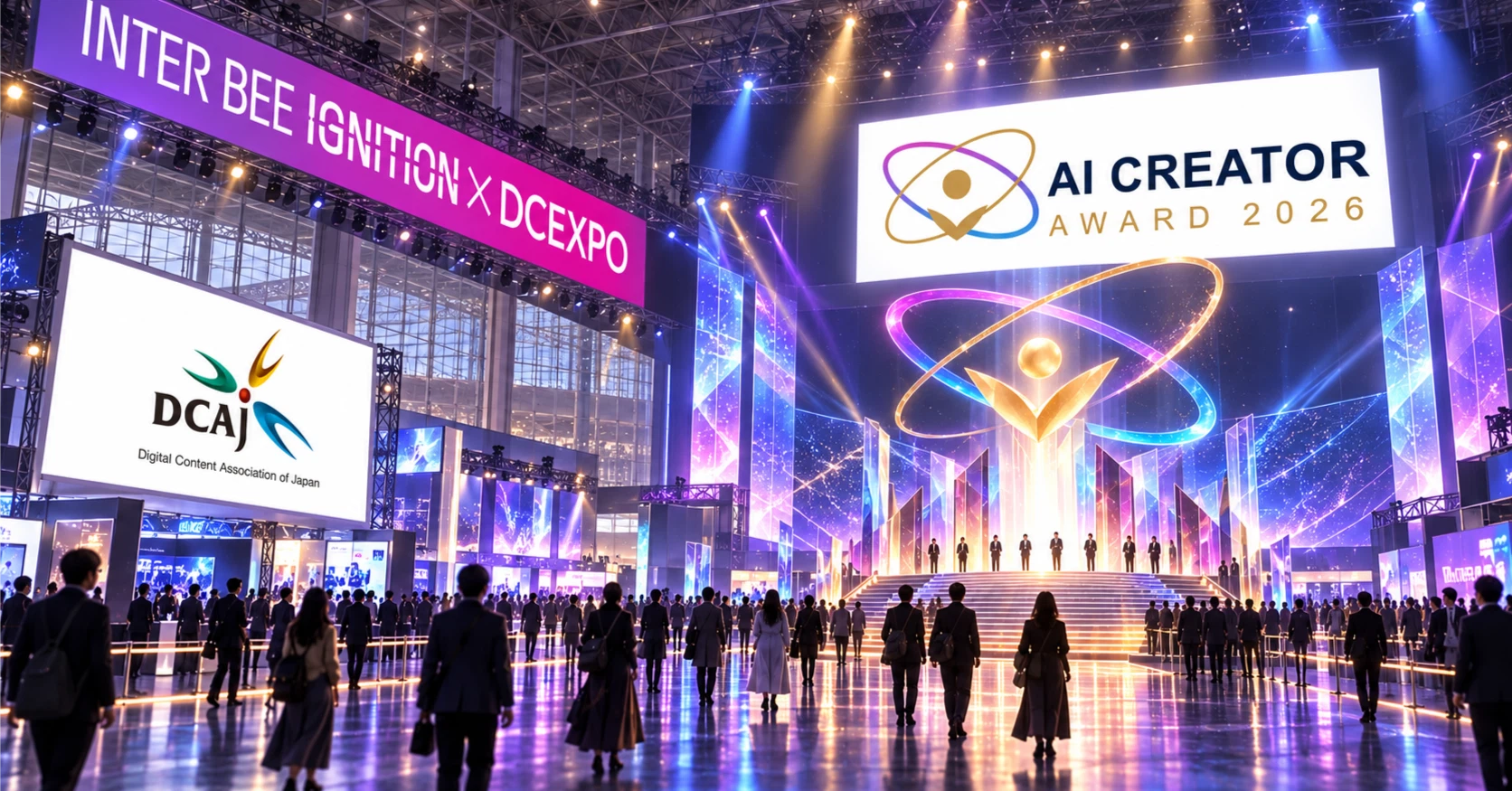 키 비주얼: INTER BEE IGNITION × DCEXPO 회장 무대 위의 AI CREATOR AWARD 2026과 DCAJ 로고