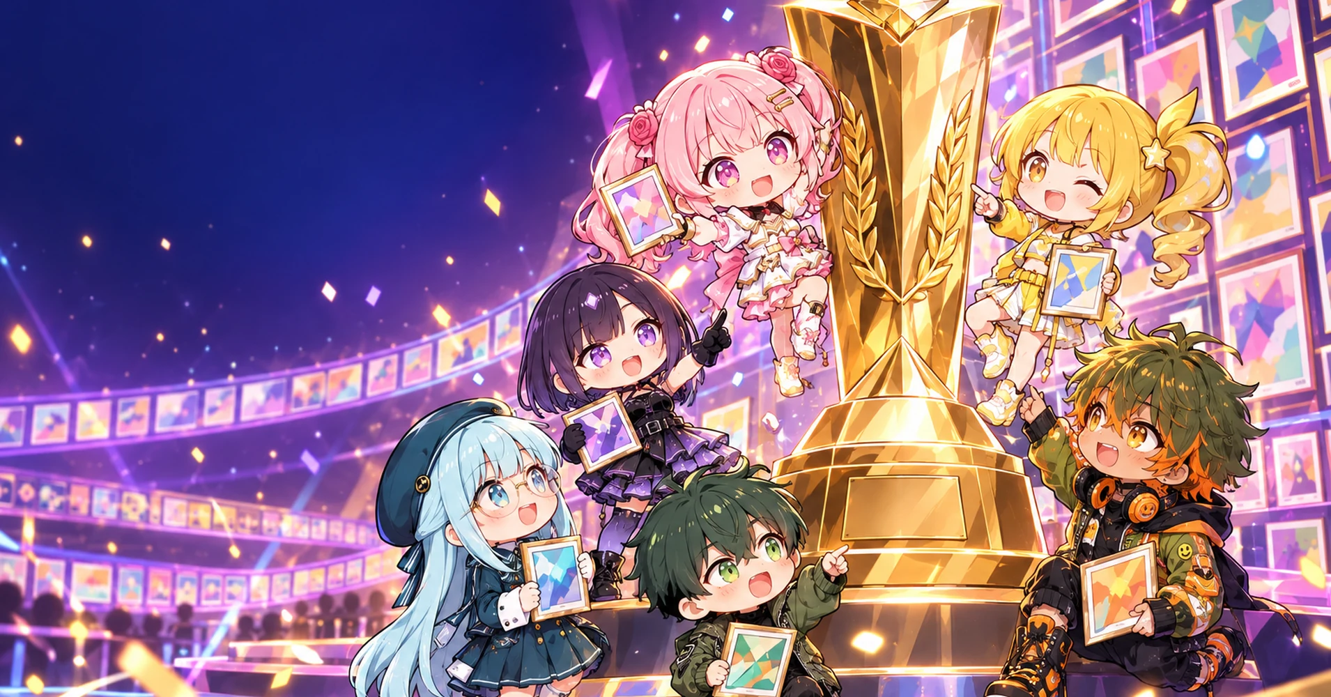 AiCuty characters gathered around a trophy and a wall of entered works