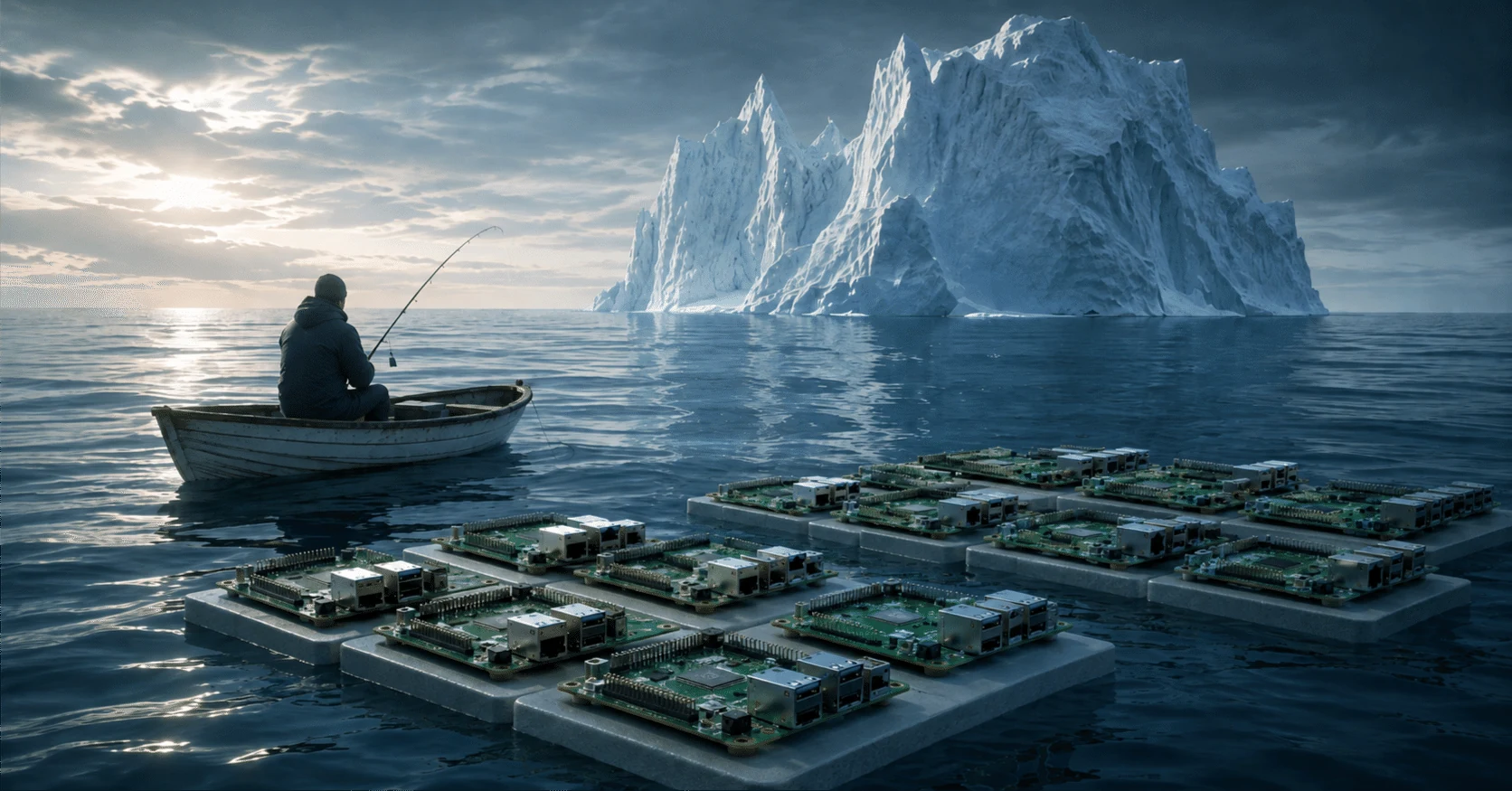 A person alone in a small boat on a calm sea, facing a melting iceberg, with a fleet of small computing boards floating alongside.